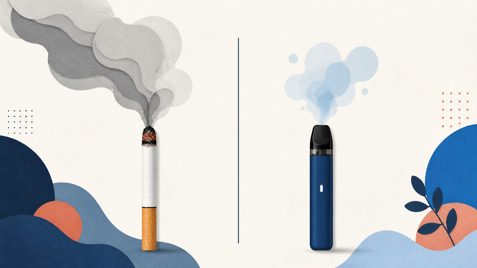 Illustration eines Vergleichs von Zigarette und Vape mit Rauch und Aerosol